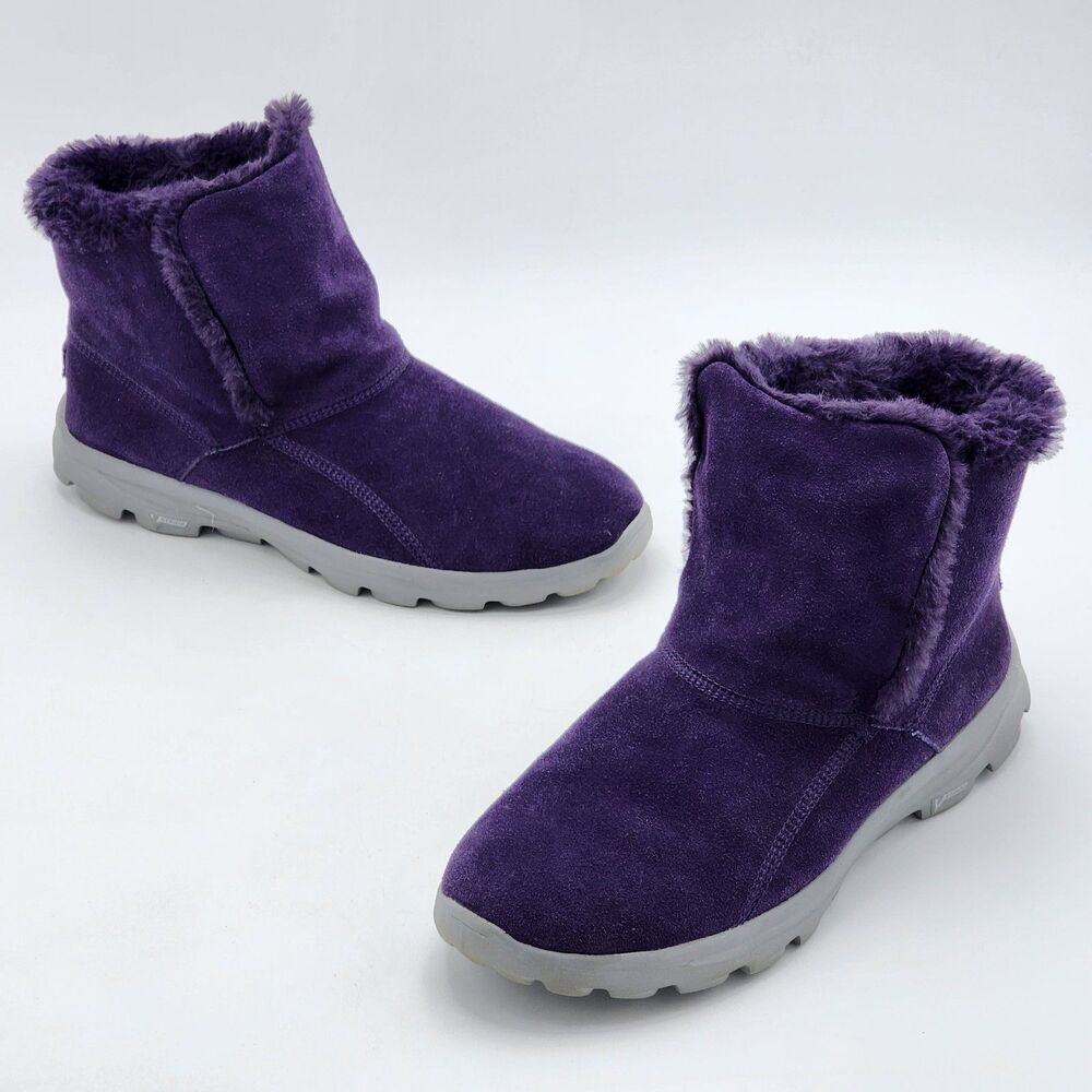 Skechers GOWalk Suede Faux Fur Slip On Ankle Boots Purple Women's Size 11
